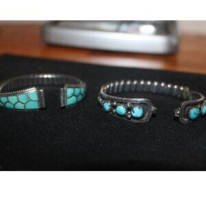2 Vintage Mexico 925 Sterling Turquoise Native American  Navajo Watch Band Ends